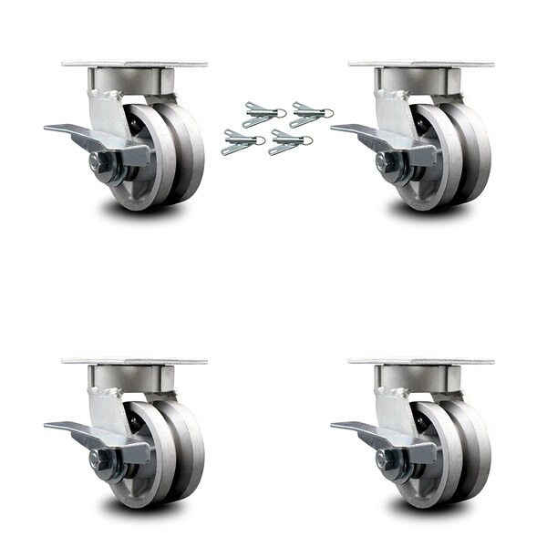 Service Caster 4 Inch Kingpinless V Groove Semi Steel Wheel Caster Set with Brake & Swivel Lock SCC-KP30S420-VGR-SLB-BSL-4 - main
